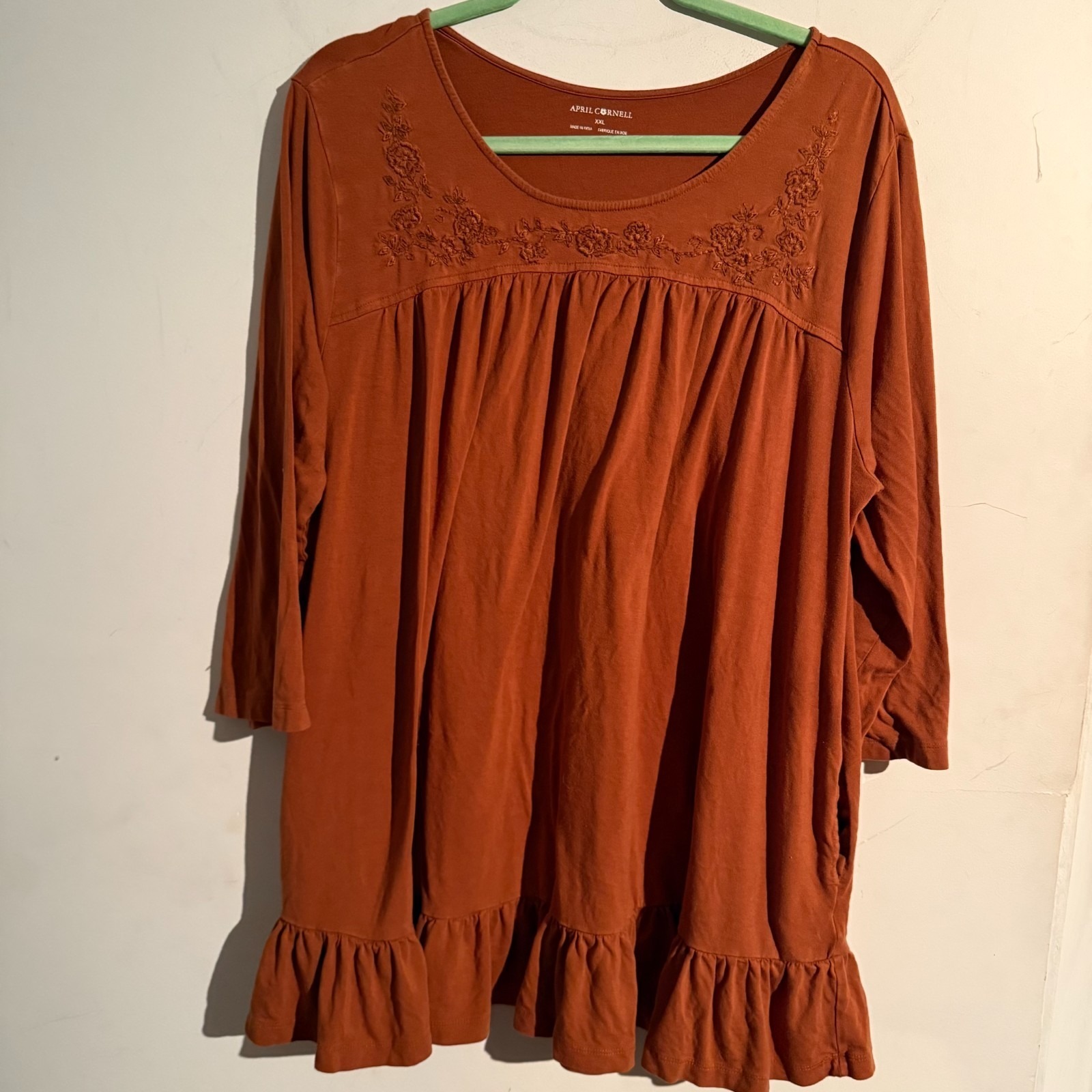 April Cornell Xxl Top Embroidered Cottagecore Prarie Boho Floral Tiered Orange